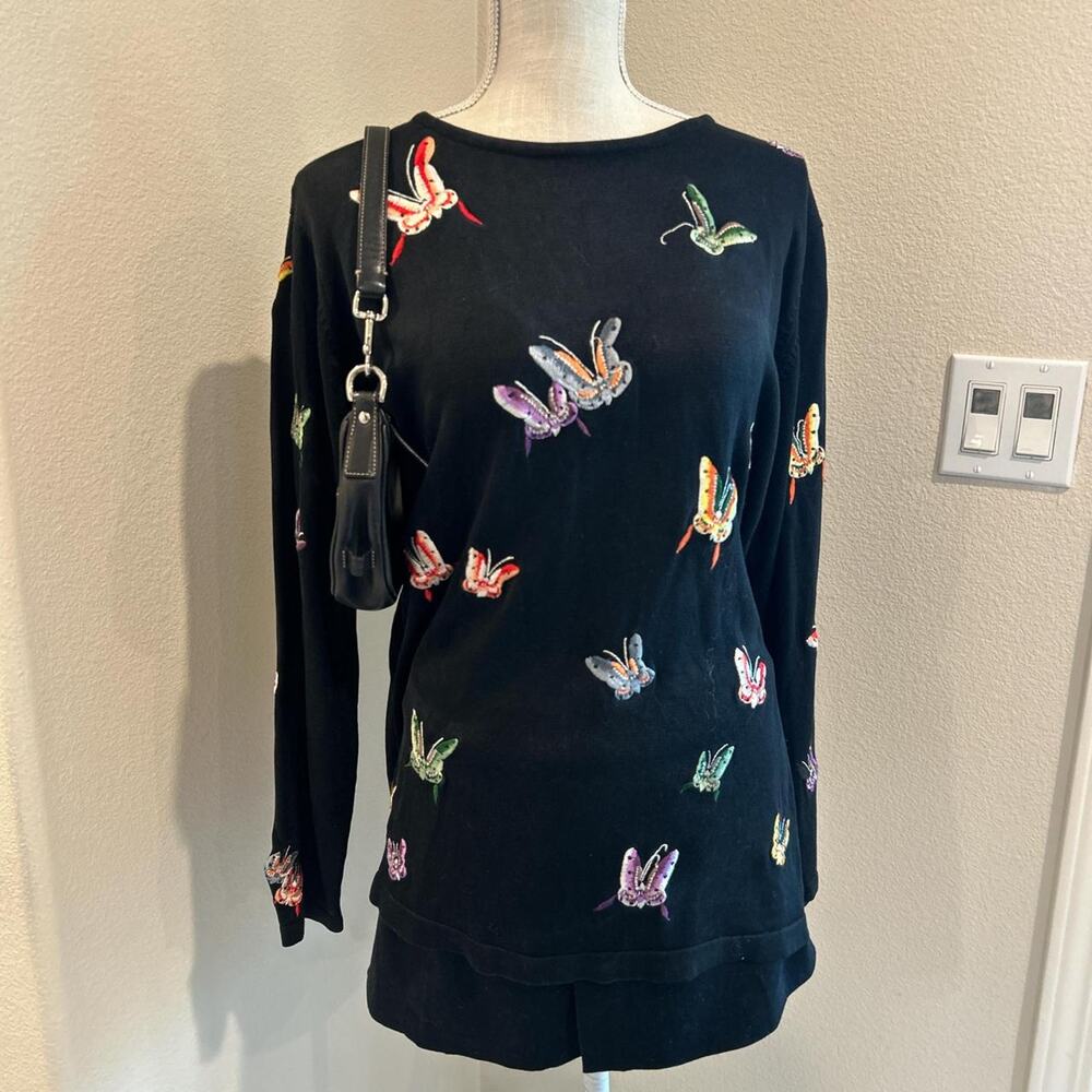 Neiman Marcus black silk butterfly embroidered long sleeve top. Size XL.